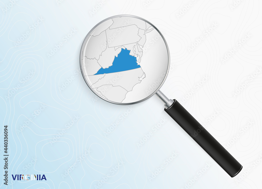 Magnifier with map of Virginia on abstract topographic background. Magnifier with map of Virginia on abstract topographic background.