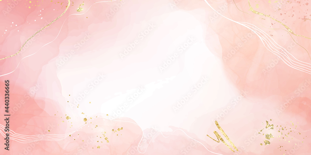 Abstract blush pink liquid watercolor background with golden glitter stains and lines. Rose marble alcohol ink drawing effect with gold foil. Vector illustration template for wedding invitation Abstract blush pink liquid watercolor background with golden glitter stains and lines. Rose marble alcohol ink drawing effect with gold foil. Vector illustration template for wedding invitation
