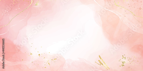 Abstract blush pink liquid watercolor background with golden glitter stains and lines. Rose marble alcohol ink drawing effect with gold foil. Vector illustration template for wedding invitation