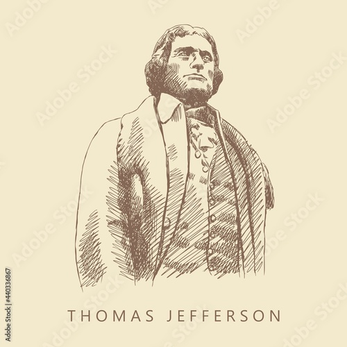 Sketch of the Jefferson statue from memorial, Washington, USA. Engraving statue of the President of America. Portrait of a man in an antique suit. Vintage brown and beige card, hand-drawn, vector.	 photo