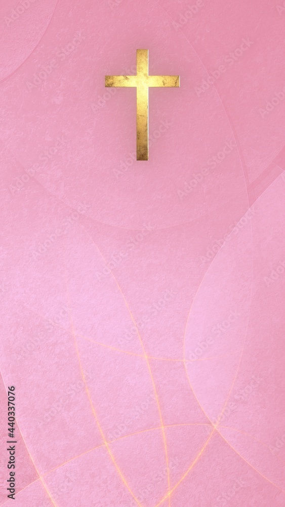 Golden Christian Cross on vertical liturgic rose pink copy space banner background. 3D illustration for online worship church sermon in Advent and Lent. Concept symbolizing joy of worship and penance.