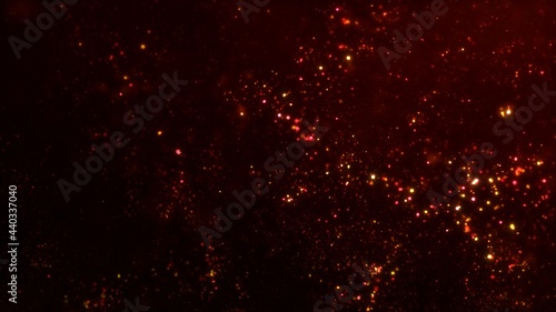 Shiny fashionable abstract Summer Party particle overlay or festive fantasy celebration banner background. Concept 3D illustration template of elegant dark golden, orange and pink soft bokeh pattern.