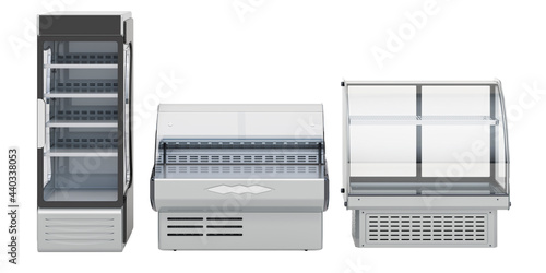 Commercial refregeration equipment. Curved glass refrigerated display case for bakery, deli display case and swing glass door merchandiser refrigerator. 3D rendering