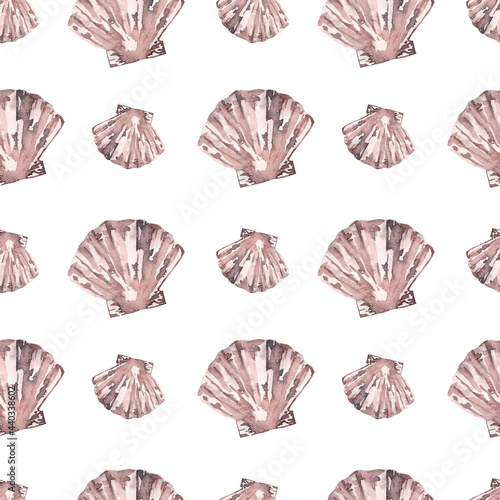 Seamless watercolor pattern. Print on a nautical theme. A scallop shell on a white background. Marine fauna. Handmade graphics. Marine background. © Alina