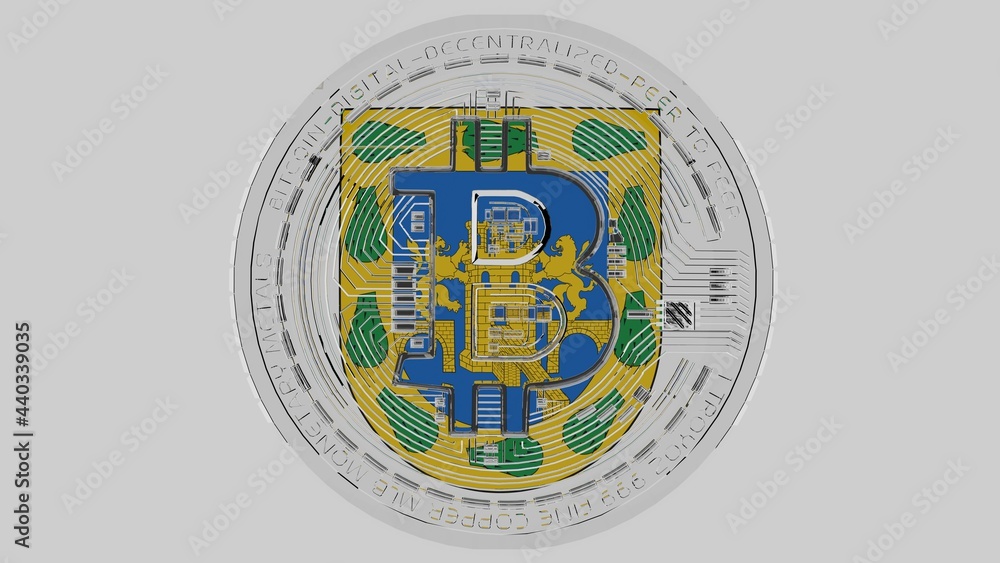 Large transparent Glass Bitcoin in center and on top of the Flag of Mexican Federal District Large transparent Glass Bitcoin in center and on top of the Flag of Mexican Federal District
