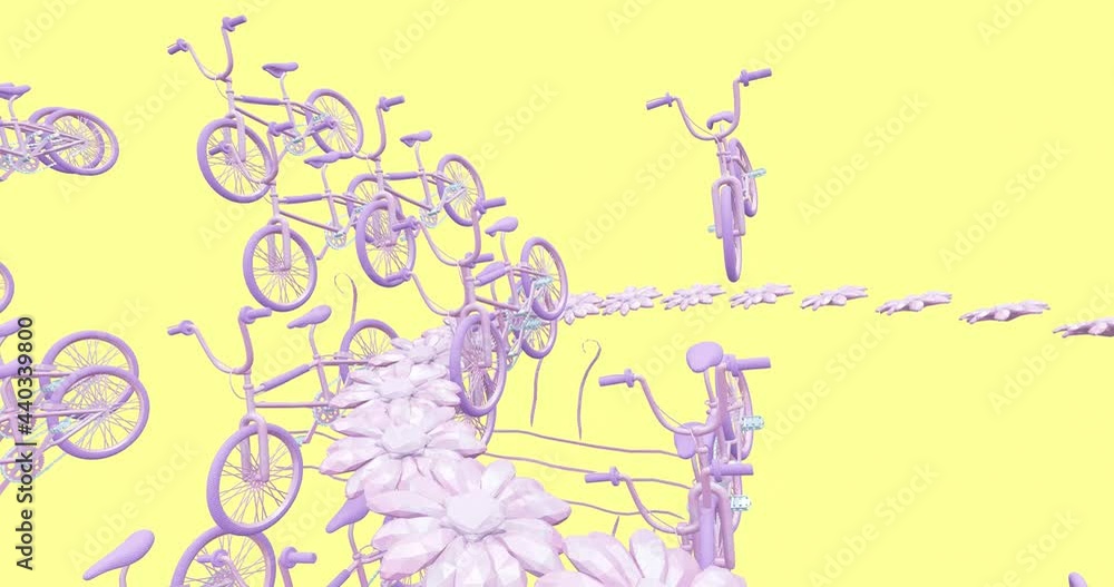 Creative Minimal 3d art. Animated stylish bicycle in yellow flowers summer geometric abstract space. Trendy color combination, dynamics, Loop motion, 4k video. Creative Minimal 3d art. Animated stylish bicycle in yellow flowers summer geometric abstract space. Trendy color combination, dynamics, Loop motion, 4k video.