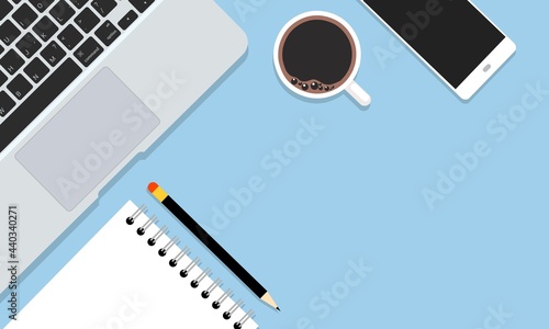 Designer office desk, with blank notebook page with pencil, laptop computer, smartphone and cup of coffee, Top view, vector illustration.