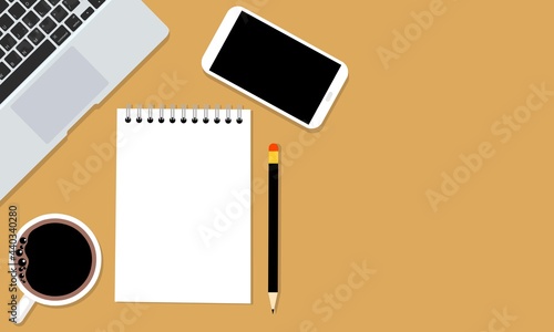 Designer office desk, with blank notebook page with pencil, laptop computer, smartphone and cup of coffee, Top view, vector illustration.