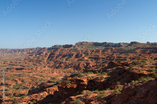 Prehistoric cliffs in Sierra de las Quijadas National Park. Arid desert landscape. Red sandstone, hills, canyon and valley view.