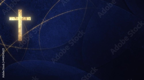 Golden Christian Cross on liturgic blue copy space banner background loop. 3D animation for online worship live stream church sermon on Feast of Mary. Concept of the Feast of the Immaculate Conception