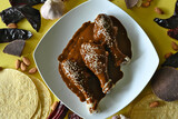 Horizontal overhead shot of traditional plate of mole with chicken, with ingredients around, yellow background