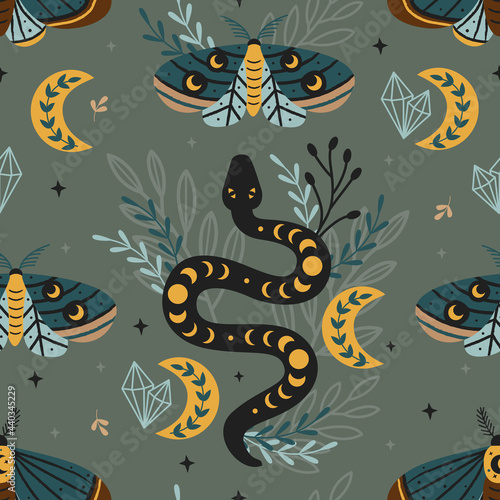 seamless pattern magic forest with moth and snake