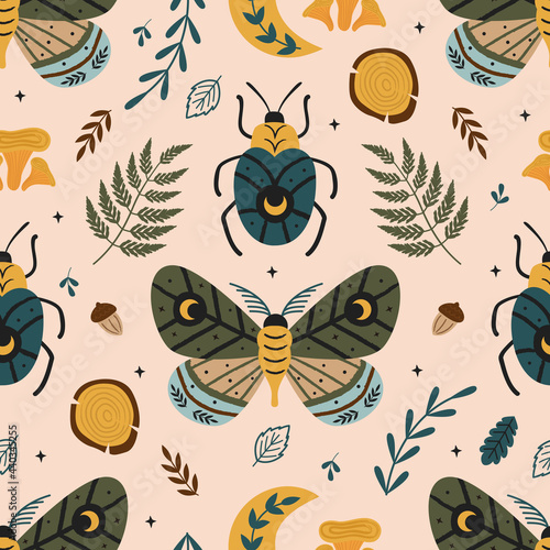  seamless pattern magic forest with butterfly and bug