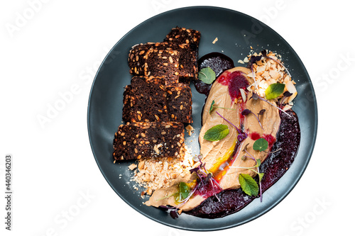 Liver pate in cherry sauce with crispy croutons.