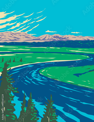 WPA poster art of Yellowstone River in Hayden Valley located in Yellowstone National Park, Wyoming, United States of America done in works project administration style or federal art project style.