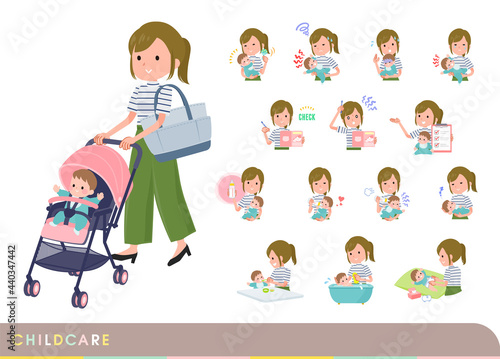 赤ちゃんのお世話をするカジュアルファッション女性のセット