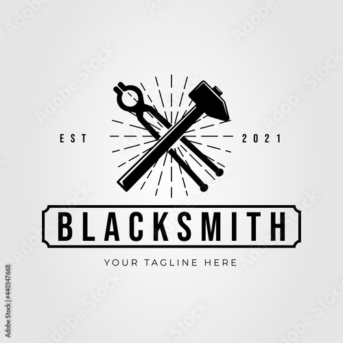 blacksmith tongs and forging hammer logo vector illustration design