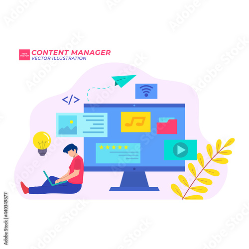 content manager flat illustration media marketing online design computer