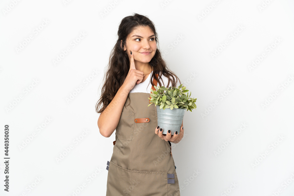 Young Russian gardener girl holding a plant isolated thinking an idea while looking up Young Russian gardener girl holding a plant isolated thinking an idea while looking up