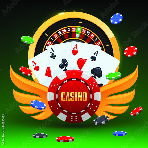 Playing cards, roulette wheel and poker chips fly casino. Concept on green background. Poker casino vector illustration. Realistic chip in the air. Online casino, gambling concept, poker mobile app 