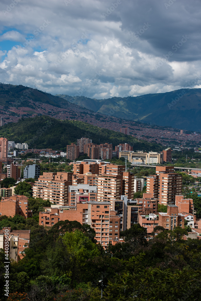 Rolling hills and village of Bogota Colombia. Vertical view