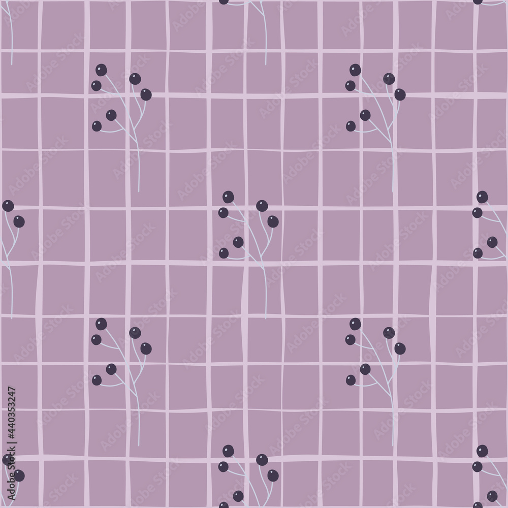 Minimalistic seamless pattern in geometric style with berries ornament. Pastel purple background with check. Minimalistic seamless pattern in geometric style with berries ornament. Pastel purple background with check.