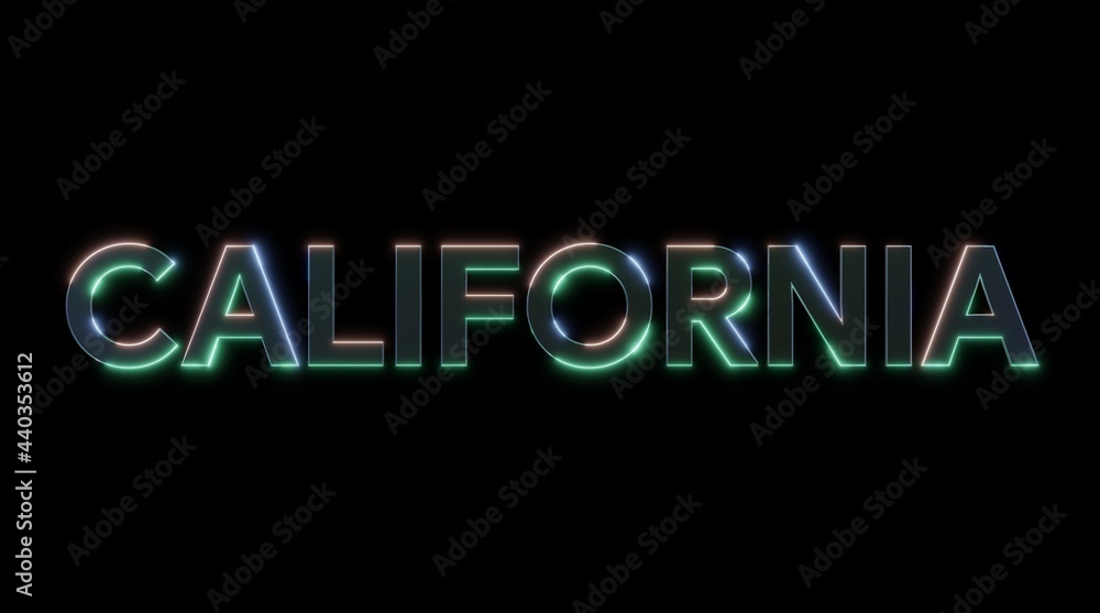 California blue and green neon effect sign with light and shining effects with isolated black background. 3d illustration rendering California blue and green neon effect sign with light and shining effects with isolated black background. 3d illustration rendering