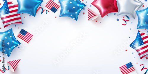 4th of July party background.USA independence day celebration with American Stars Shaped Balloons.4th of July promotion advertising banner template or USA Party Decorations and Brochures.