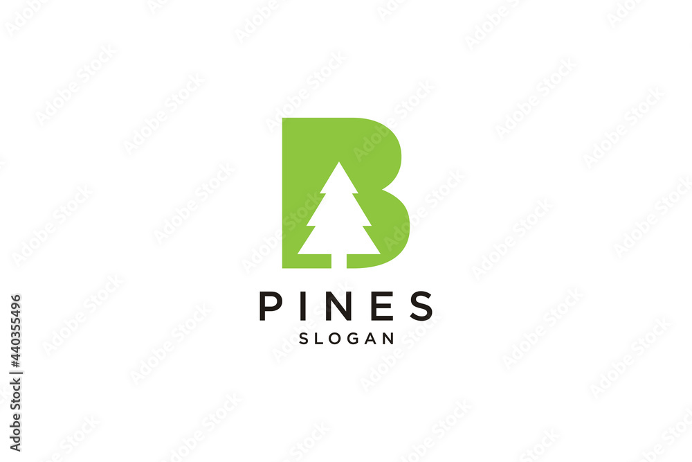 initial letter B with Hemlock, Evergreen, Pines, Spruce, Cedar trees logo design template initial letter B with Hemlock, Evergreen, Pines, Spruce, Cedar trees logo design template