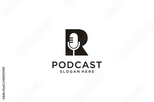 initial letter R with microphone podcast logo design template