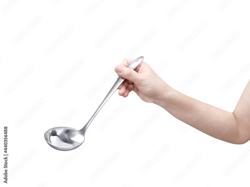 hand with stainless steel ladle isolated on white hand with stainless steel ladle isolated on white