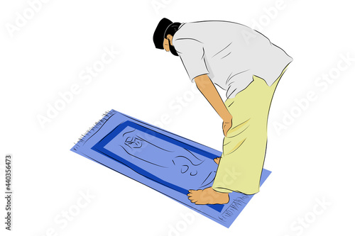 Simple Vector Hand Draw Sketch, Muslim or islam man, using Mask, shalat or pray at prayer mat