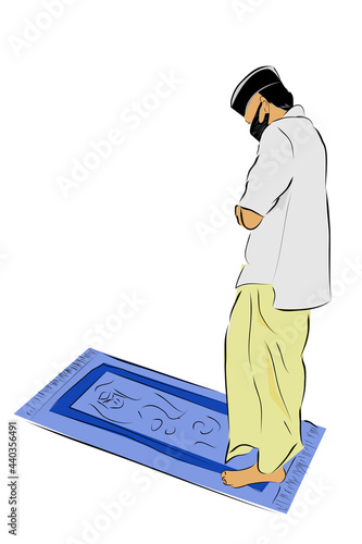 Simple Vector Hand Draw Sketch, Muslim or islam man, using Mask, shalat or pray at prayer mat
