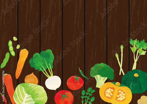 野菜　水彩タッチイラスト 茶色木目背景