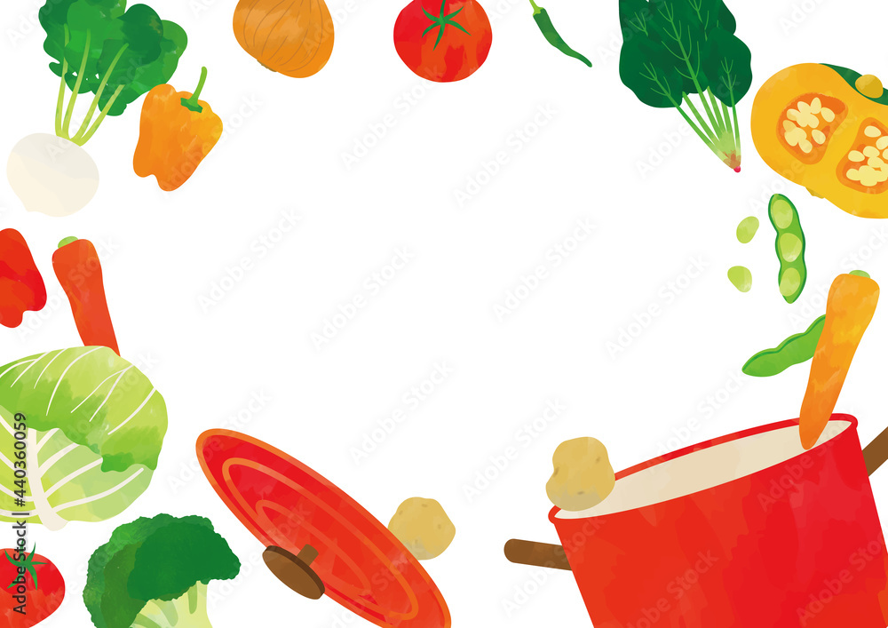 鍋から飛び出す野菜 水彩タッチイラスト Stock Vector Adobe Stock
