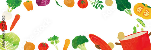 鍋から飛び出す野菜　水彩タッチイラスト