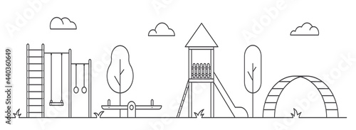 Playground for children. Line art illustration. Landscape of park with swing, bench and slide. Outline vector illustration