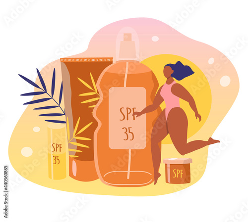 vector hand drawn illustration - tanning and sun protection products and tanned girl. sun protection creme, spray, lotion, lipstick. trend illustration in flat style