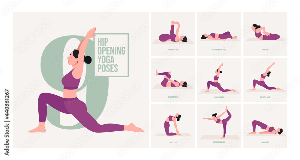 Hip Opening yoga poses. Chair stretching exercises set. Woman workout  fitness, aerobic and exercises. Vector Illustration. Stock Vector
