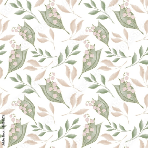 Botanical delicate seamless pattern of lily of the valley flowers and twigs in beige and green on a white background © Александра Уткаева