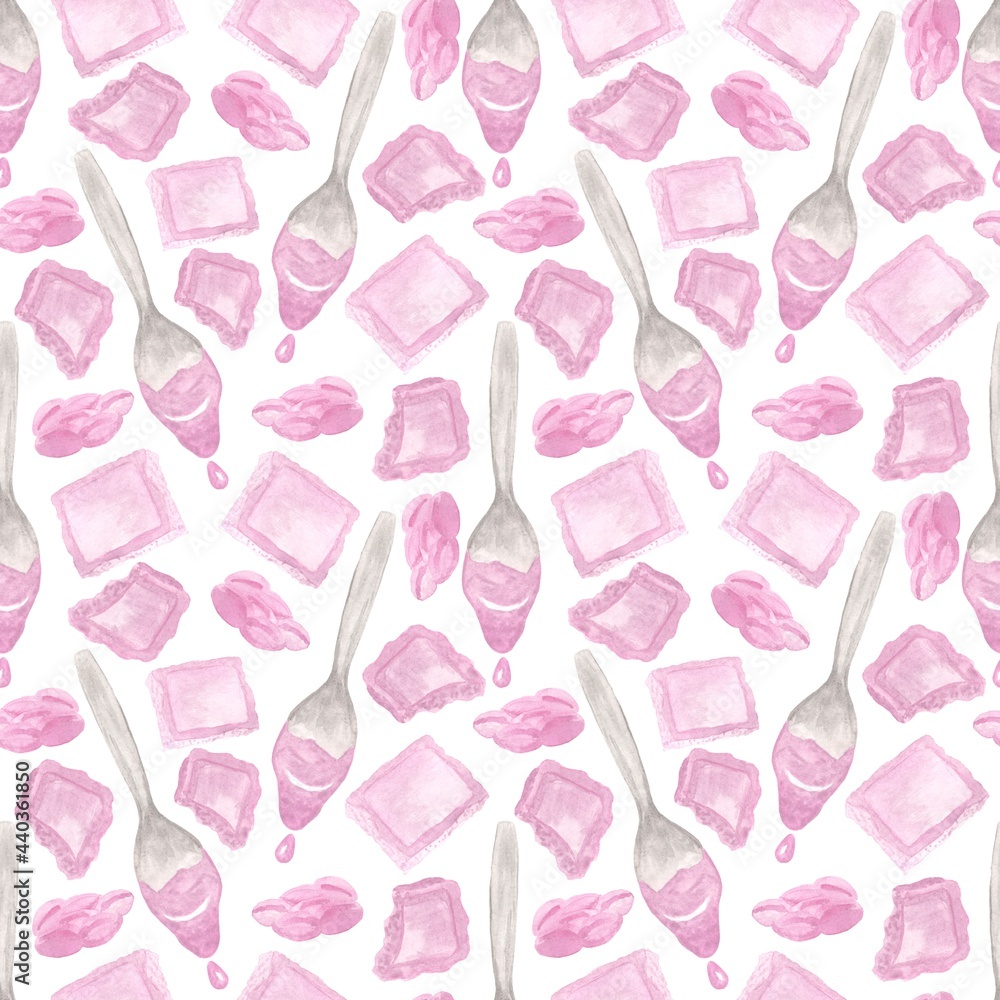 Pink watercolor illustrations — chocolate, spoon on white background, sweet pastry pattern seamless