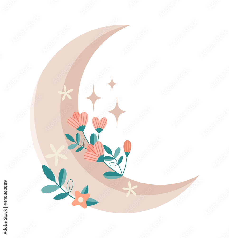 Fototapeta premium Floral moon crescent Beautiful romantic crescent in boho Botanical moon element Nature