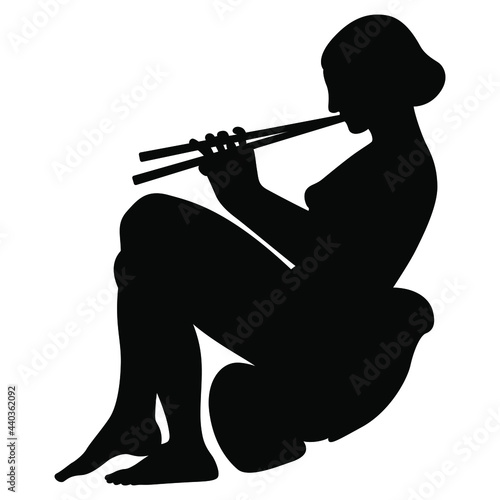 Beautiful seated ancient Greek woman playing flute. Antique relief from Ludovisi Throne. Black silhouette on white background.