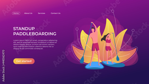 Stand up paddle boarding landing page template. Vector SUP boarding design concept. A man and a woman standing on boards with flower background