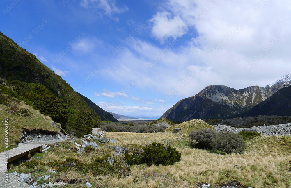 Fototapeta premium field and mountains landscape, Hooker Valley track,New zealand Oct 2014