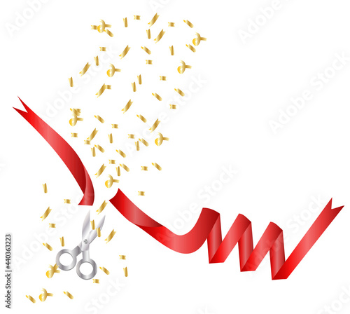 Scissors cut red ribbon and gold confetti isolated on white background.Grand opening or celebration concept.Cards for New Year, Christmas, birthdays and anniversary.Realistic vector illustration.