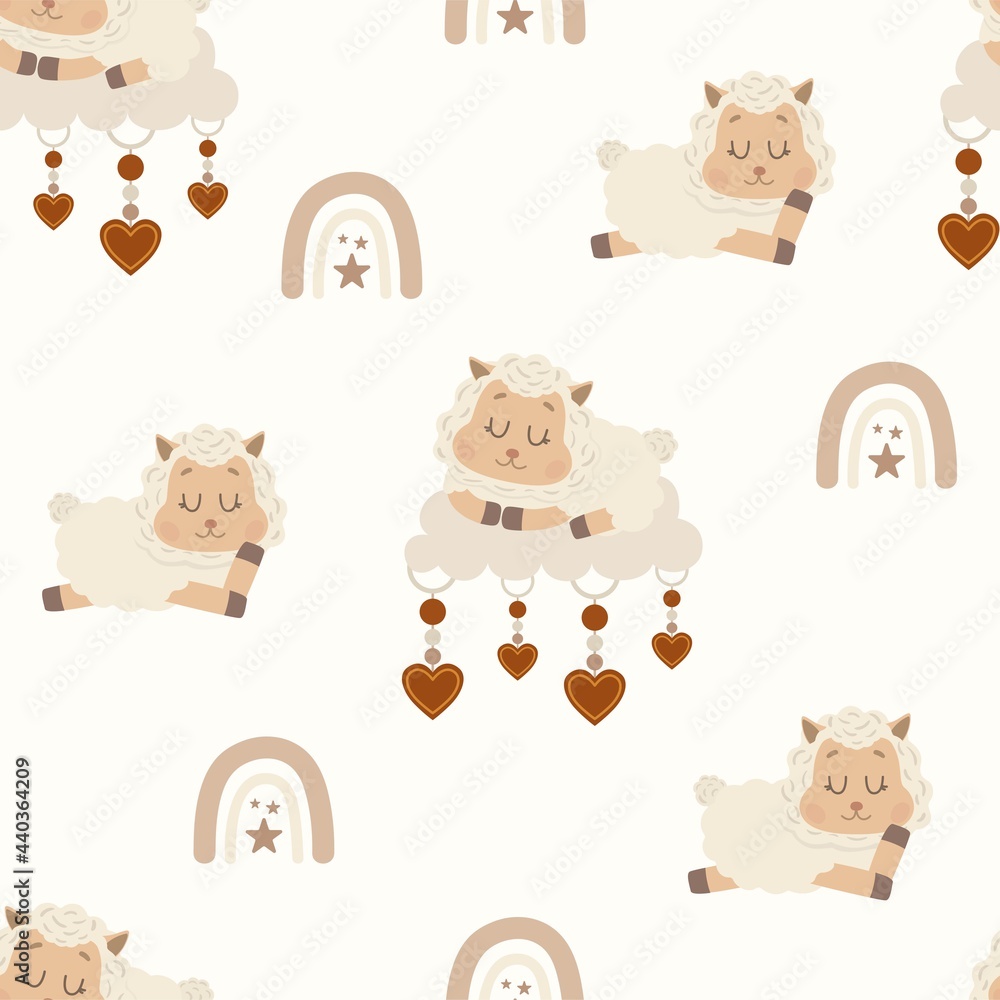 Obraz premium Vector seamless pattern with cute fluffy sheep on cloud. Lambs with hearts and rainbows. The print is well suited for Wallpaper,textiles, banners and postcards.
