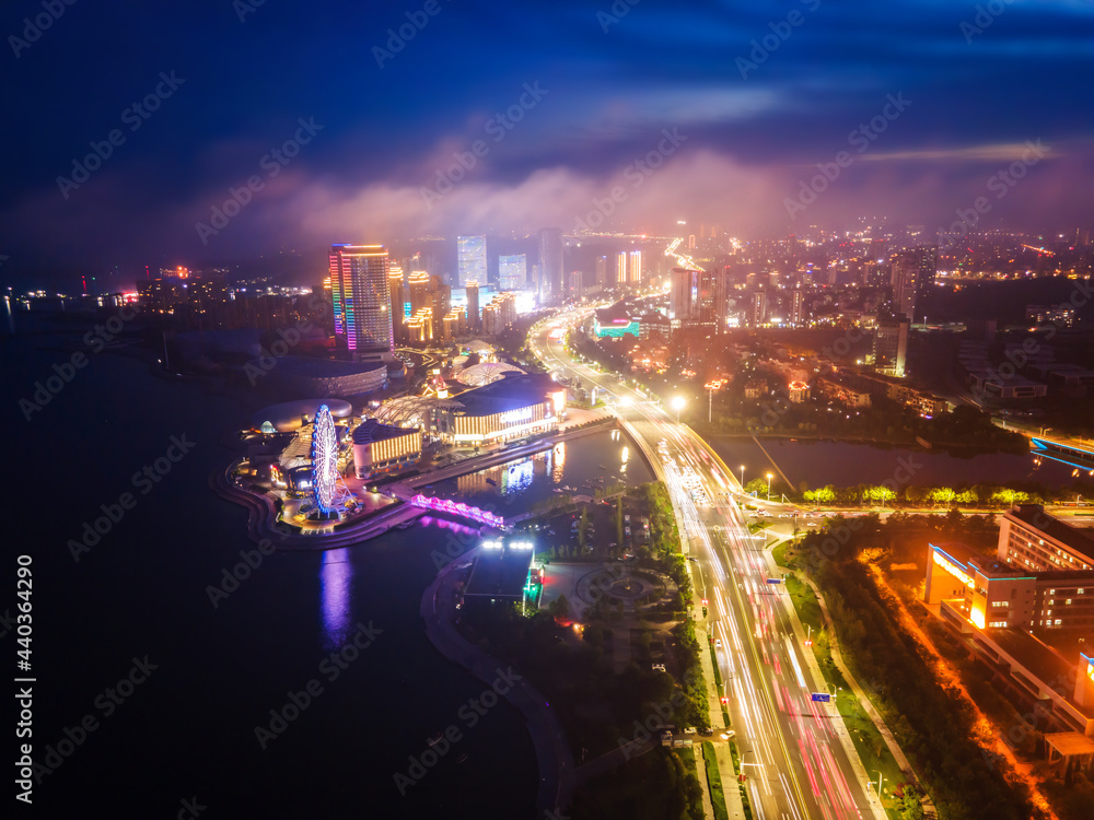 Aerial photography of Qingdao's west coast city buildings at night