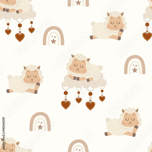 Vector seamless pattern with cute fluffy sheep on cloud. Lambs with hearts and rainbows. The print is well suited for Wallpaper,textiles, banners and postcards.