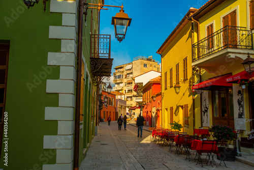 VLORA-VLORE, ALBANIA: Historical multi-colored buildings on the street in the city center.